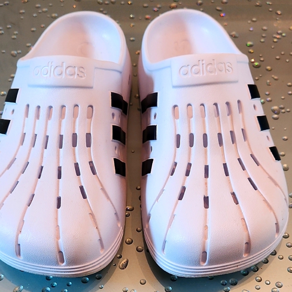 Adidas Kids White Slippers with Black Stripes